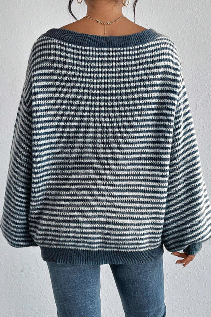 Blue Striped Boat Neck Sweater