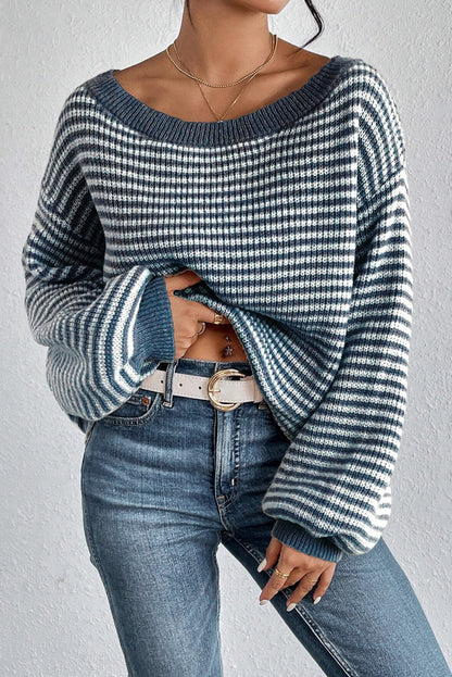 Blue Striped Boat Neck Sweater