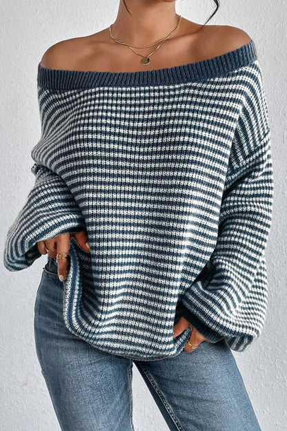 Blue Striped Boat Neck Sweater