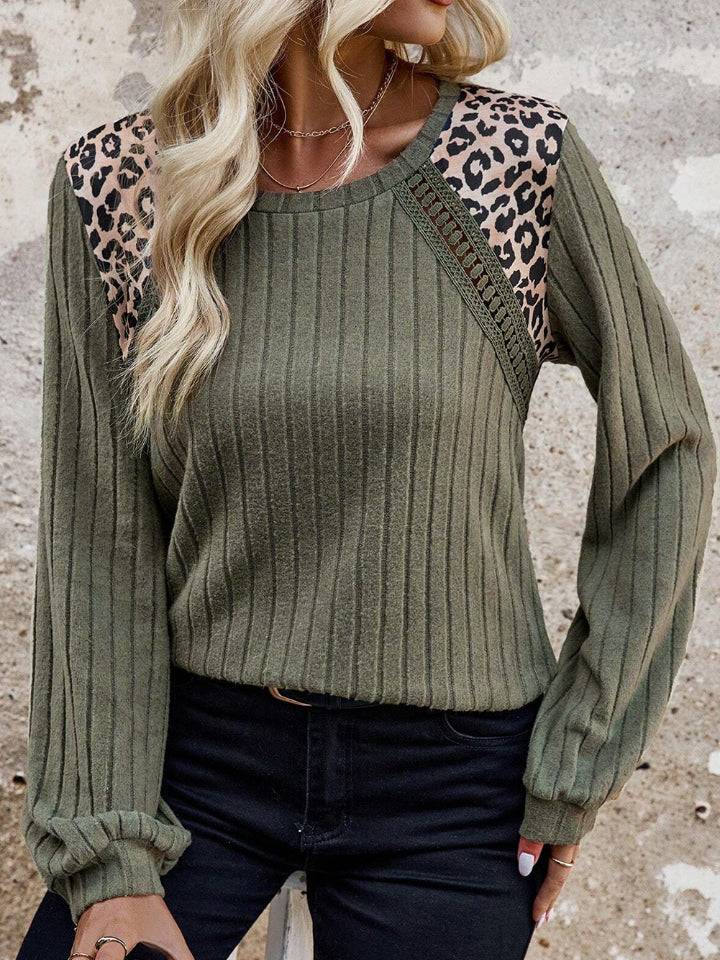 Jersey Leopard Print Round Neck Long Sleeve Top