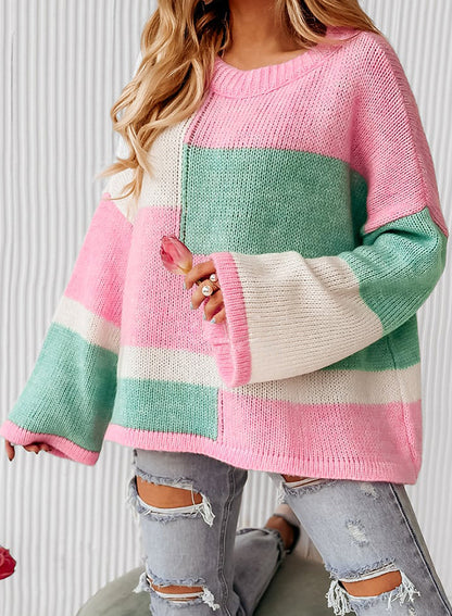 Drop shoulder colour block sweater in light pink, mint green and beige colours. Loose fit with wide sleeves