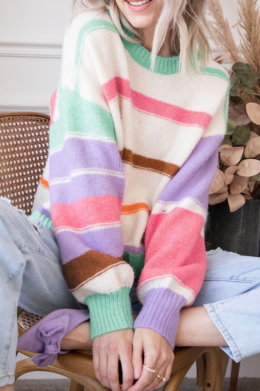 COTTON CANDY Striped Drop Shoulder Sweater