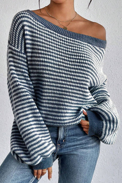 Blue Striped Boat Neck Sweater