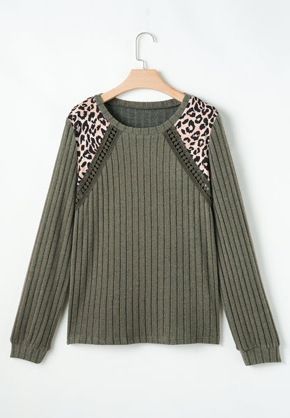 Jersey Leopard Print Round Neck Long Sleeve Top